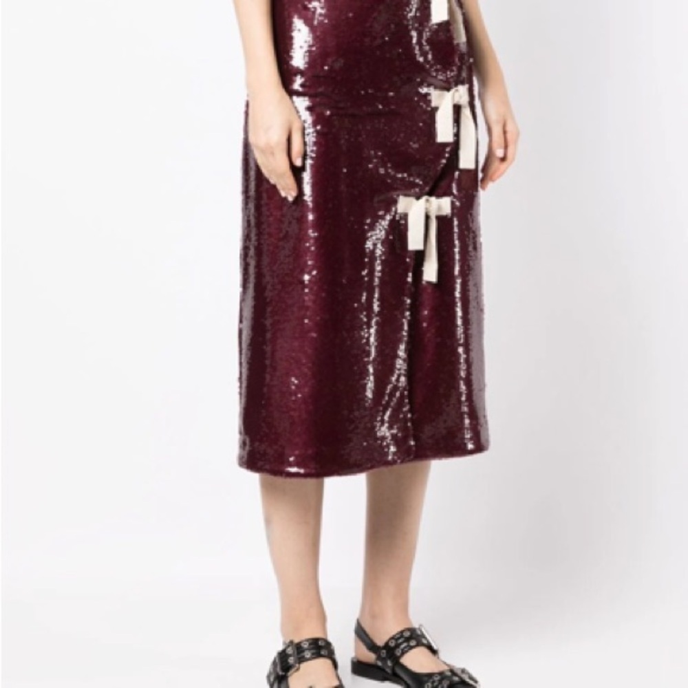 Ganni Sequin Midi Skirt with Bows - Burgundy size 34 - Picture 8 of 8